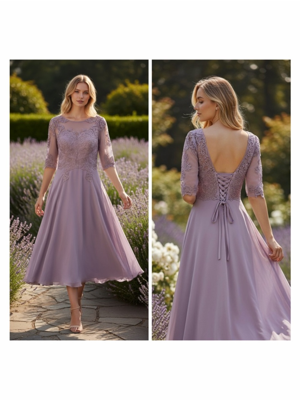 NWT Elegant Lilac Lace Appliqué Midi Dress Mother of the Bride size XS SMALL